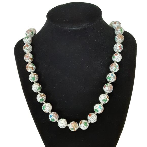 Vintage Chinese Cloisonné Bead Necklace Hand Knotted Enamel Flower Champleve - Picture 3 of 10
